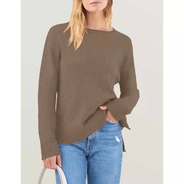 imageZESICA Womens 2024 Fall Long Sleeve Crew Neck Soft Knit Side Slit Comfy Loose Pullover Sweater Jumper TopsMocha