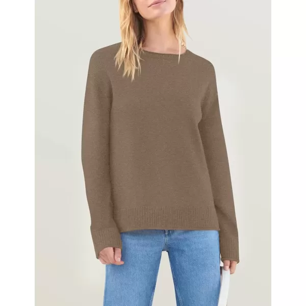 imageZESICA Womens 2024 Fall Long Sleeve Crew Neck Soft Knit Side Slit Comfy Loose Pullover Sweater Jumper TopsMocha