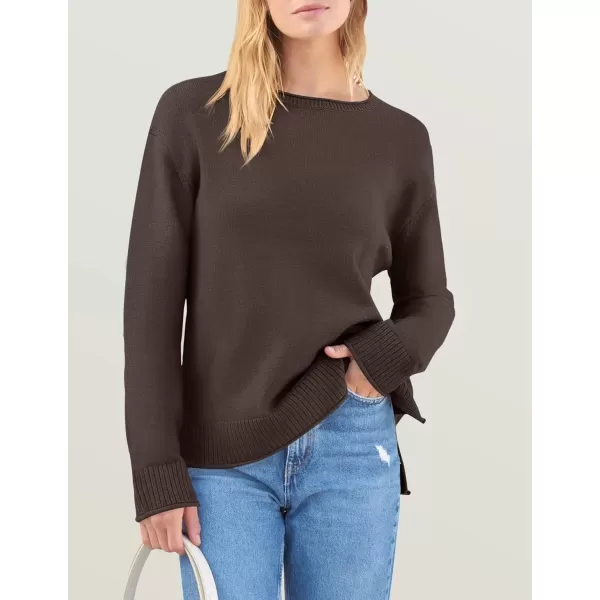imageZESICA Womens 2024 Fall Long Sleeve Crew Neck Soft Knit Side Slit Comfy Loose Pullover Sweater Jumper TopsNutmeg