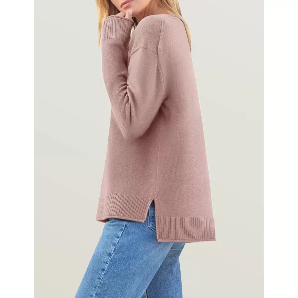 imageZESICA Womens 2024 Fall Long Sleeve Crew Neck Soft Knit Side Slit Comfy Loose Pullover Sweater Jumper TopsPink