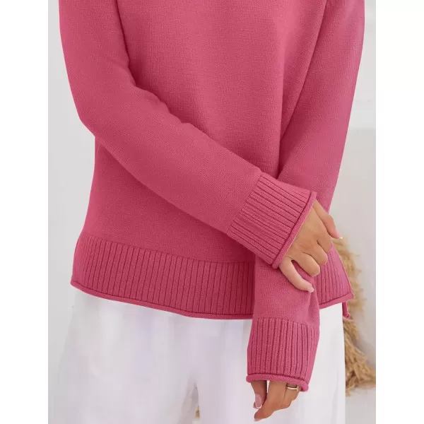 imageZESICA Womens 2024 Fall Long Sleeve Crew Neck Soft Knit Side Slit Comfy Loose Pullover Sweater Jumper TopsRose