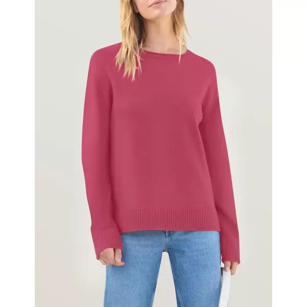 imageZESICA Womens 2024 Fall Long Sleeve Crew Neck Soft Knit Side Slit Comfy Loose Pullover Sweater Jumper TopsRose