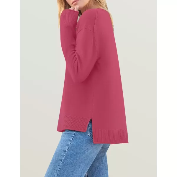 imageZESICA Womens 2024 Fall Long Sleeve Crew Neck Soft Knit Side Slit Comfy Loose Pullover Sweater Jumper TopsRose