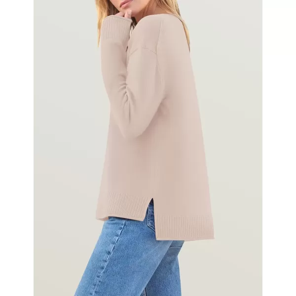 imageZESICA Womens 2024 Fall Long Sleeve Crew Neck Soft Knit Side Slit Comfy Loose Pullover Sweater Jumper TopsSand