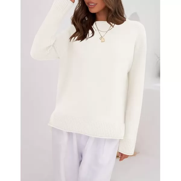imageZESICA Womens 2024 Fall Long Sleeve Crew Neck Soft Knit Side Slit Comfy Loose Pullover Sweater Jumper TopsWhite