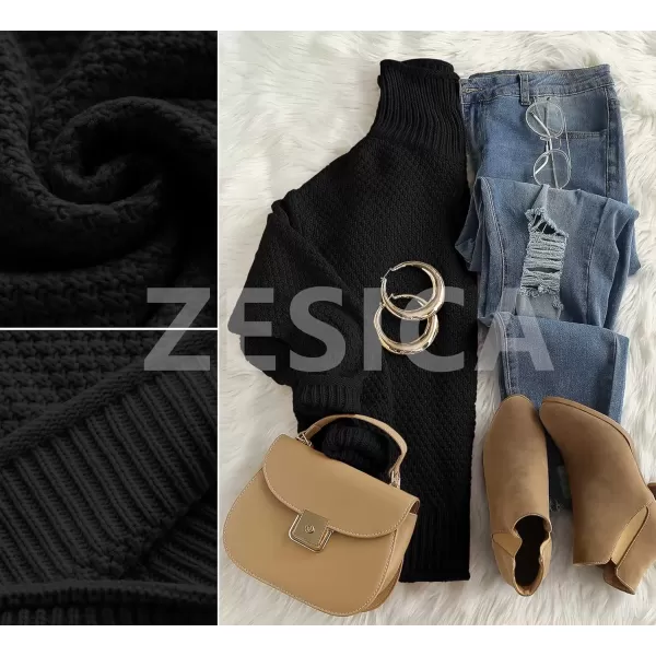 imageZESICA Womens 2024 Fall Long Sleeve Turtleneck Casual Loose Chunky Knitted Pullover Sweater Jumper TopBlack