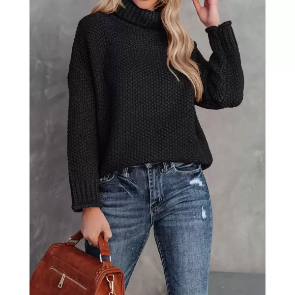 imageZESICA Womens 2024 Fall Long Sleeve Turtleneck Casual Loose Chunky Knitted Pullover Sweater Jumper TopBlack