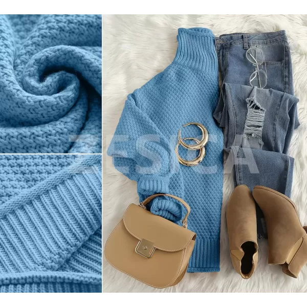 imageZESICA Womens 2024 Fall Long Sleeve Turtleneck Casual Loose Chunky Knitted Pullover Sweater Jumper TopBlue
