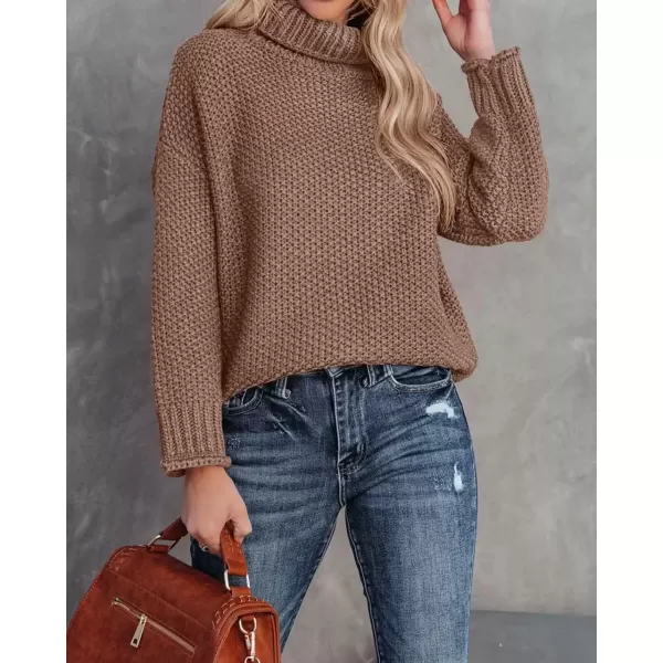 imageZESICA Womens 2024 Fall Long Sleeve Turtleneck Casual Loose Chunky Knitted Pullover Sweater Jumper TopBrown