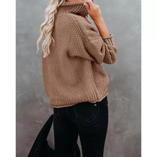 imageZESICA Womens 2024 Fall Long Sleeve Turtleneck Casual Loose Chunky Knitted Pullover Sweater Jumper TopBrown