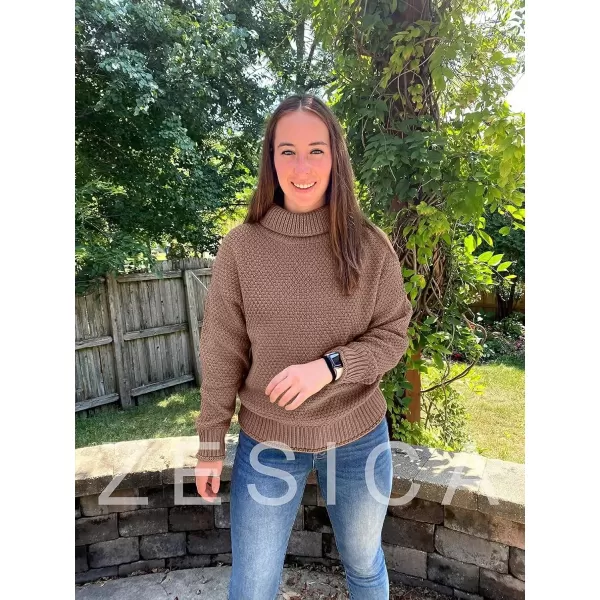 imageZESICA Womens 2024 Fall Long Sleeve Turtleneck Casual Loose Chunky Knitted Pullover Sweater Jumper TopBrown