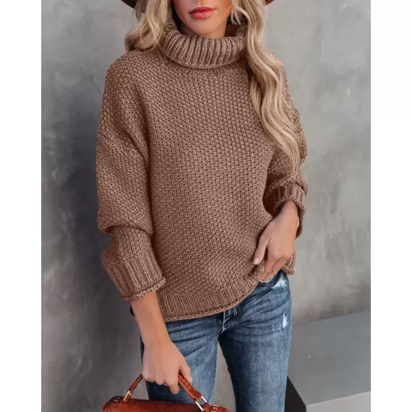 imageZESICA Womens 2024 Fall Long Sleeve Turtleneck Casual Loose Chunky Knitted Pullover Sweater Jumper TopBrown