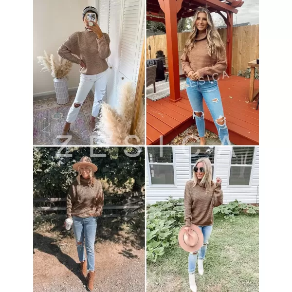 imageZESICA Womens 2024 Fall Long Sleeve Turtleneck Casual Loose Chunky Knitted Pullover Sweater Jumper TopBrown