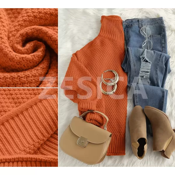 imageZESICA Womens 2024 Fall Long Sleeve Turtleneck Casual Loose Chunky Knitted Pullover Sweater Jumper TopOrange