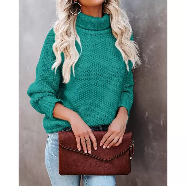 imageZESICA Womens 2024 Fall Long Sleeve Turtleneck Casual Loose Chunky Knitted Pullover Sweater Jumper TopPeacock