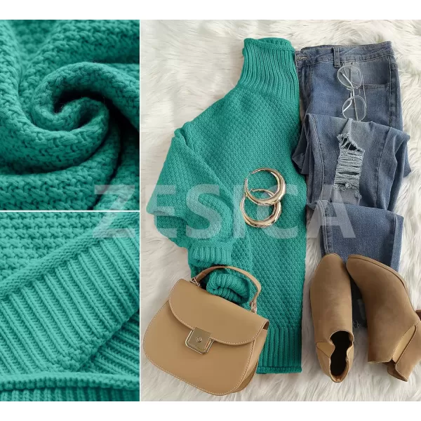 imageZESICA Womens 2024 Fall Long Sleeve Turtleneck Casual Loose Chunky Knitted Pullover Sweater Jumper TopPeacock