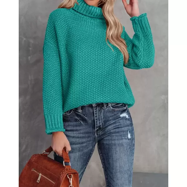 imageZESICA Womens 2024 Fall Long Sleeve Turtleneck Casual Loose Chunky Knitted Pullover Sweater Jumper TopPeacock