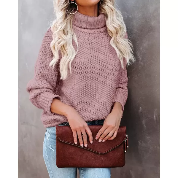 imageZESICA Womens 2024 Fall Long Sleeve Turtleneck Casual Loose Chunky Knitted Pullover Sweater Jumper TopPink