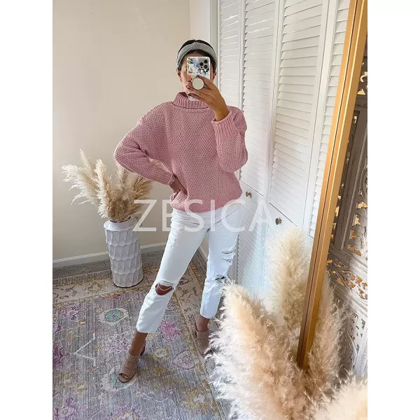 imageZESICA Womens 2024 Fall Long Sleeve Turtleneck Casual Loose Chunky Knitted Pullover Sweater Jumper TopPink