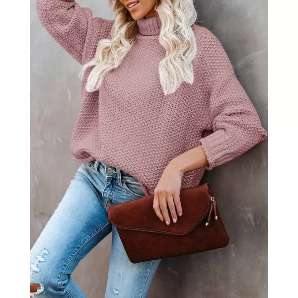 imageZESICA Womens 2024 Fall Long Sleeve Turtleneck Casual Loose Chunky Knitted Pullover Sweater Jumper TopPink