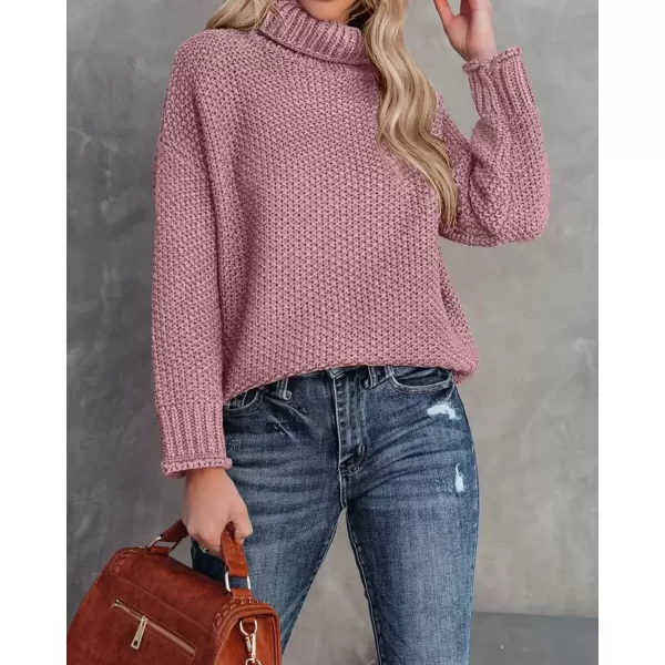 imageZESICA Womens 2024 Fall Long Sleeve Turtleneck Casual Loose Chunky Knitted Pullover Sweater Jumper TopPink