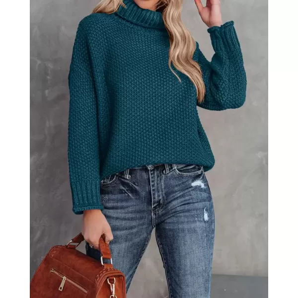 imageZESICA Womens 2024 Fall Long Sleeve Turtleneck Casual Loose Chunky Knitted Pullover Sweater Jumper TopTeal