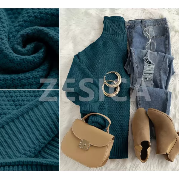 imageZESICA Womens 2024 Fall Long Sleeve Turtleneck Casual Loose Chunky Knitted Pullover Sweater Jumper TopTeal