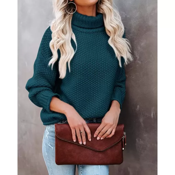 imageZESICA Womens 2024 Fall Long Sleeve Turtleneck Casual Loose Chunky Knitted Pullover Sweater Jumper TopTeal