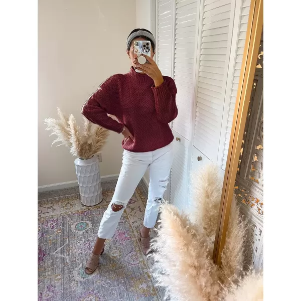 imageZESICA Womens 2024 Fall Long Sleeve Turtleneck Casual Loose Chunky Knitted Pullover Sweater Jumper TopWine
