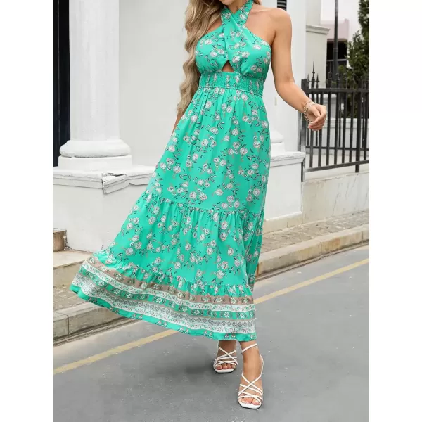 imageZESICA Womens 2024 Summer Crossover Halter Neck Sleeveless Plaid Cut Out Backless Flowy A Line Maxi DressAqua