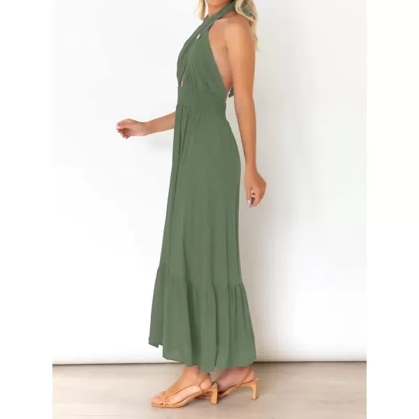 imageZESICA Womens 2024 Summer Crossover Halter Neck Sleeveless Plaid Cut Out Backless Flowy A Line Maxi DressArmygreen