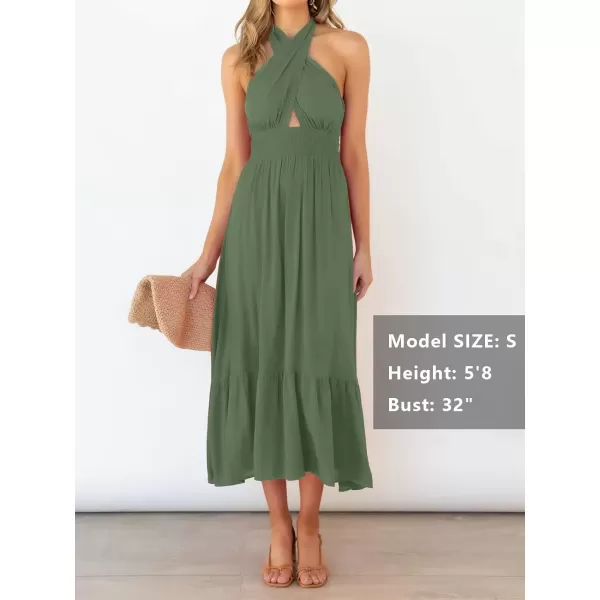 imageZESICA Womens 2024 Summer Crossover Halter Neck Sleeveless Plaid Cut Out Backless Flowy A Line Maxi DressArmygreen