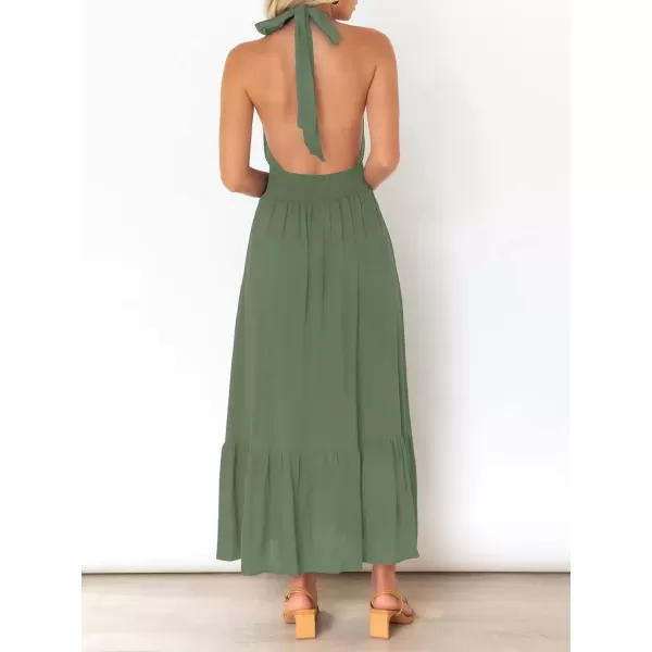 imageZESICA Womens 2024 Summer Crossover Halter Neck Sleeveless Plaid Cut Out Backless Flowy A Line Maxi DressArmygreen