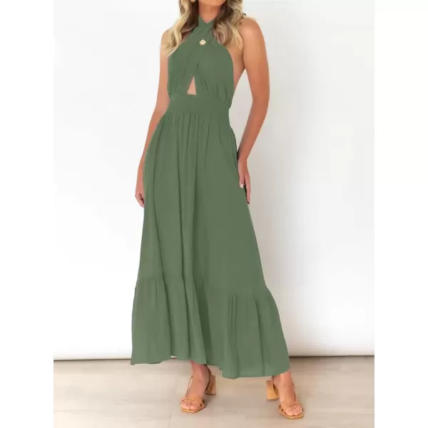 imageZESICA Womens 2024 Summer Crossover Halter Neck Sleeveless Plaid Cut Out Backless Flowy A Line Maxi DressArmygreen