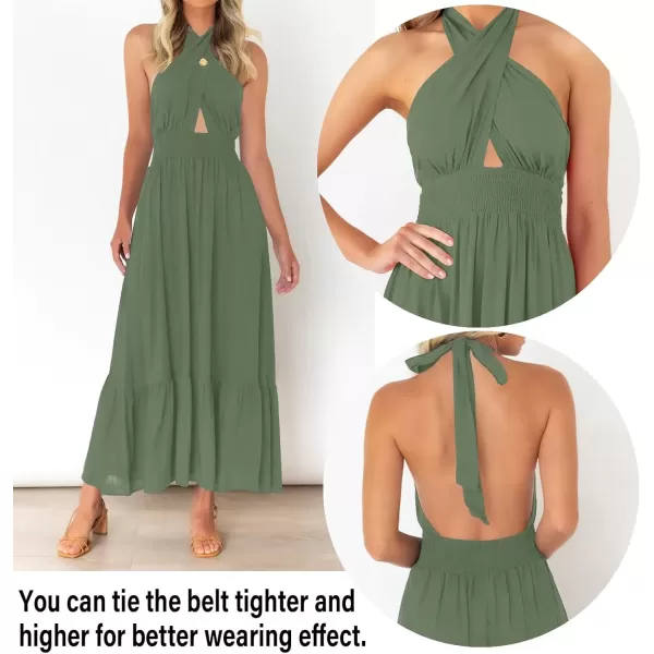 imageZESICA Womens 2024 Summer Crossover Halter Neck Sleeveless Plaid Cut Out Backless Flowy A Line Maxi DressArmygreen