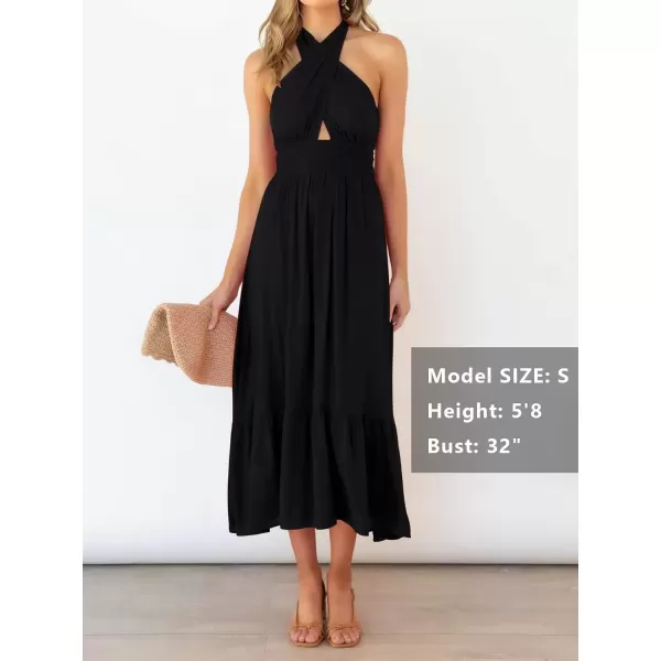 imageZESICA Womens 2024 Summer Crossover Halter Neck Sleeveless Plaid Cut Out Backless Flowy A Line Maxi DressBlack