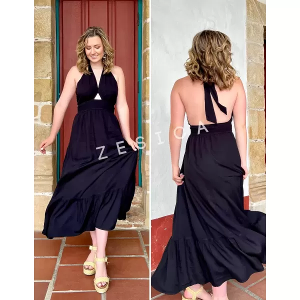 imageZESICA Womens 2024 Summer Crossover Halter Neck Sleeveless Plaid Cut Out Backless Flowy A Line Maxi DressBlack