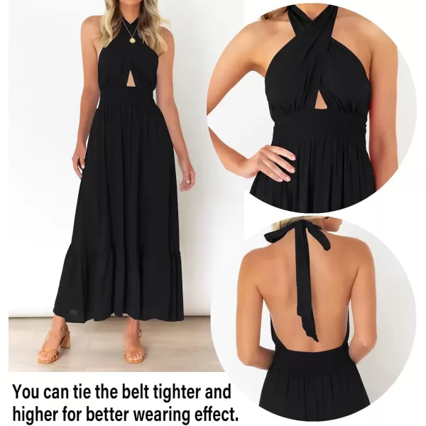 imageZESICA Womens 2024 Summer Crossover Halter Neck Sleeveless Plaid Cut Out Backless Flowy A Line Maxi DressBlack