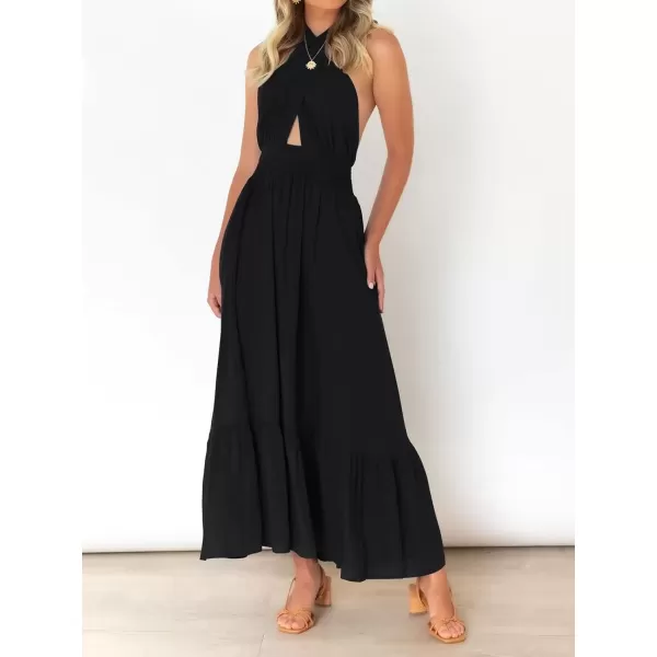 imageZESICA Womens 2024 Summer Crossover Halter Neck Sleeveless Plaid Cut Out Backless Flowy A Line Maxi DressBlack