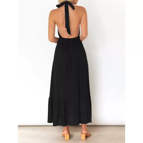 imageZESICA Womens 2024 Summer Crossover Halter Neck Sleeveless Plaid Cut Out Backless Flowy A Line Maxi DressBlack