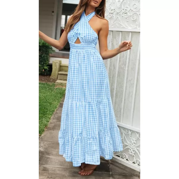 imageZESICA Womens 2024 Summer Crossover Halter Neck Sleeveless Plaid Cut Out Backless Flowy A Line Maxi DressBlue