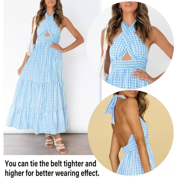 imageZESICA Womens 2024 Summer Crossover Halter Neck Sleeveless Plaid Cut Out Backless Flowy A Line Maxi DressBlue