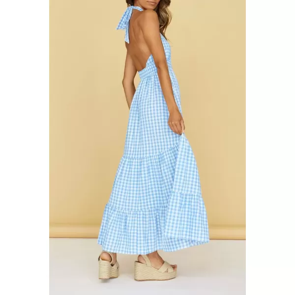 imageZESICA Womens 2024 Summer Crossover Halter Neck Sleeveless Plaid Cut Out Backless Flowy A Line Maxi DressBlue