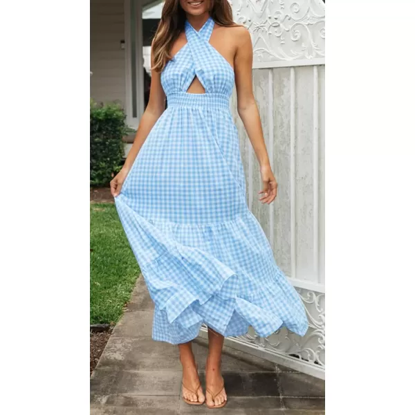 imageZESICA Womens 2024 Summer Crossover Halter Neck Sleeveless Plaid Cut Out Backless Flowy A Line Maxi DressBlue