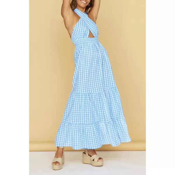 imageZESICA Womens 2024 Summer Crossover Halter Neck Sleeveless Plaid Cut Out Backless Flowy A Line Maxi DressBlue