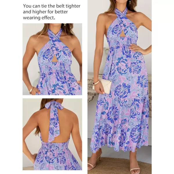 imageZESICA Womens 2024 Summer Crossover Halter Neck Sleeveless Plaid Cut Out Backless Flowy A Line Maxi DressBluishviolet