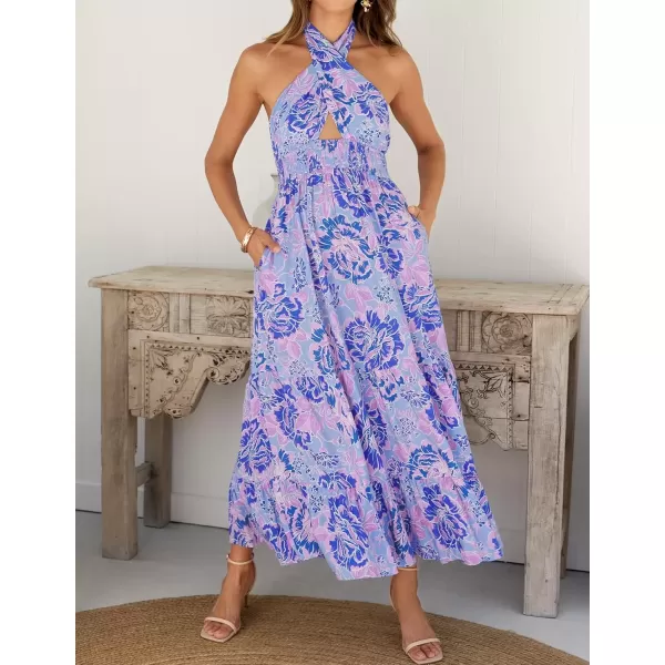 imageZESICA Womens 2024 Summer Crossover Halter Neck Sleeveless Plaid Cut Out Backless Flowy A Line Maxi DressBluishviolet