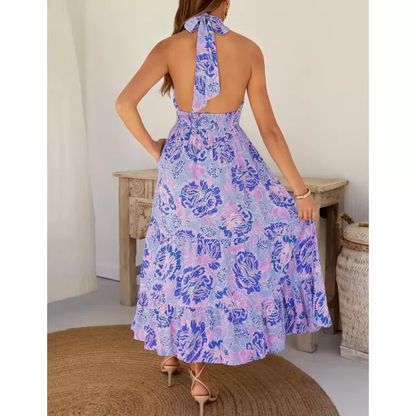 imageZESICA Womens 2024 Summer Crossover Halter Neck Sleeveless Plaid Cut Out Backless Flowy A Line Maxi DressBluishviolet