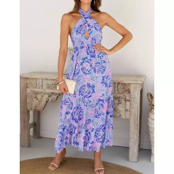 imageZESICA Womens 2024 Summer Crossover Halter Neck Sleeveless Plaid Cut Out Backless Flowy A Line Maxi DressBluishviolet