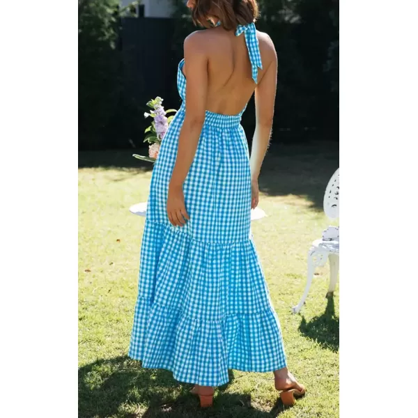 imageZESICA Womens 2024 Summer Crossover Halter Neck Sleeveless Plaid Cut Out Backless Flowy A Line Maxi DressBrightblue